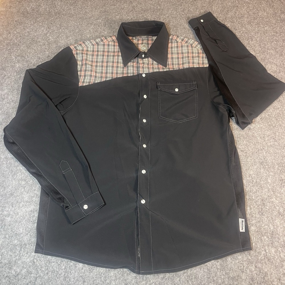Club Ride Shirt Mens L Black Plaid Long Sleeve Snap Button Polyester Spandex